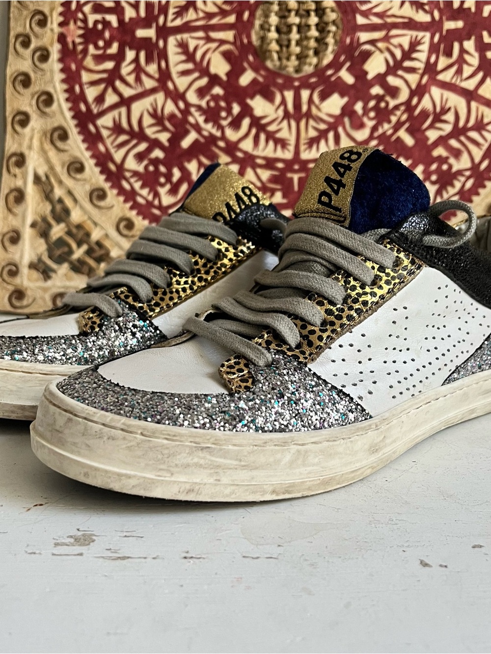 P448 women’s John Sneakers Blue White silver glitter gold Leopard 36 US 6